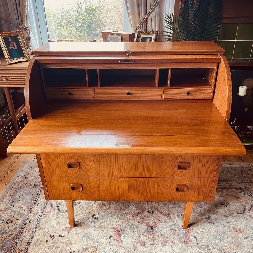 Swedish Mid Century teak roll top bureau by Egon Ostergaard circa 1960s