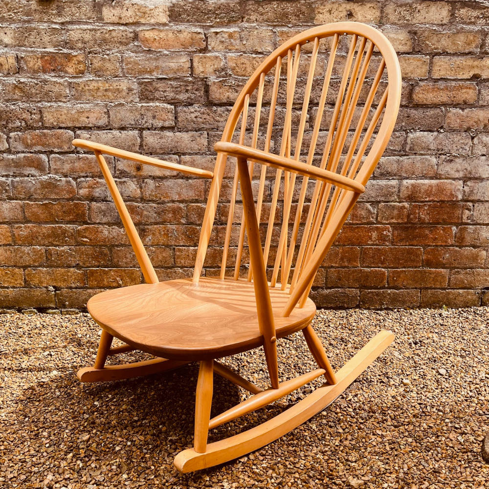 Pair of Ercol Grandfather Rocking Chairs in Beech and Elm. Model 315